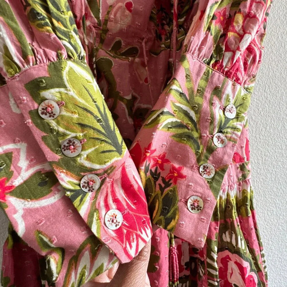Farm Rio New Aura Floral Pink Tiered Mini Peasant Dress Medium Long Sleeve - Picture 8 of 15
